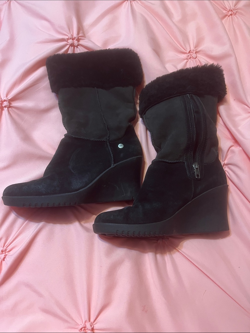 UGG Black Suede Wedge Boots with Faux Fur Cuff